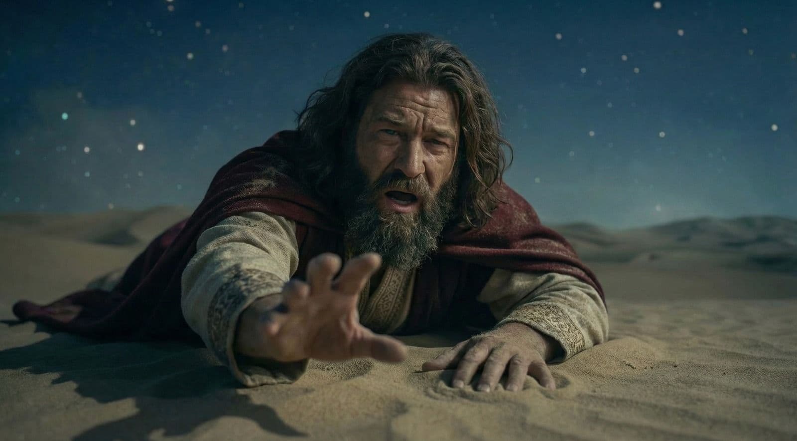 Gaspar exhausto arrastrándose por el desierto sin energía