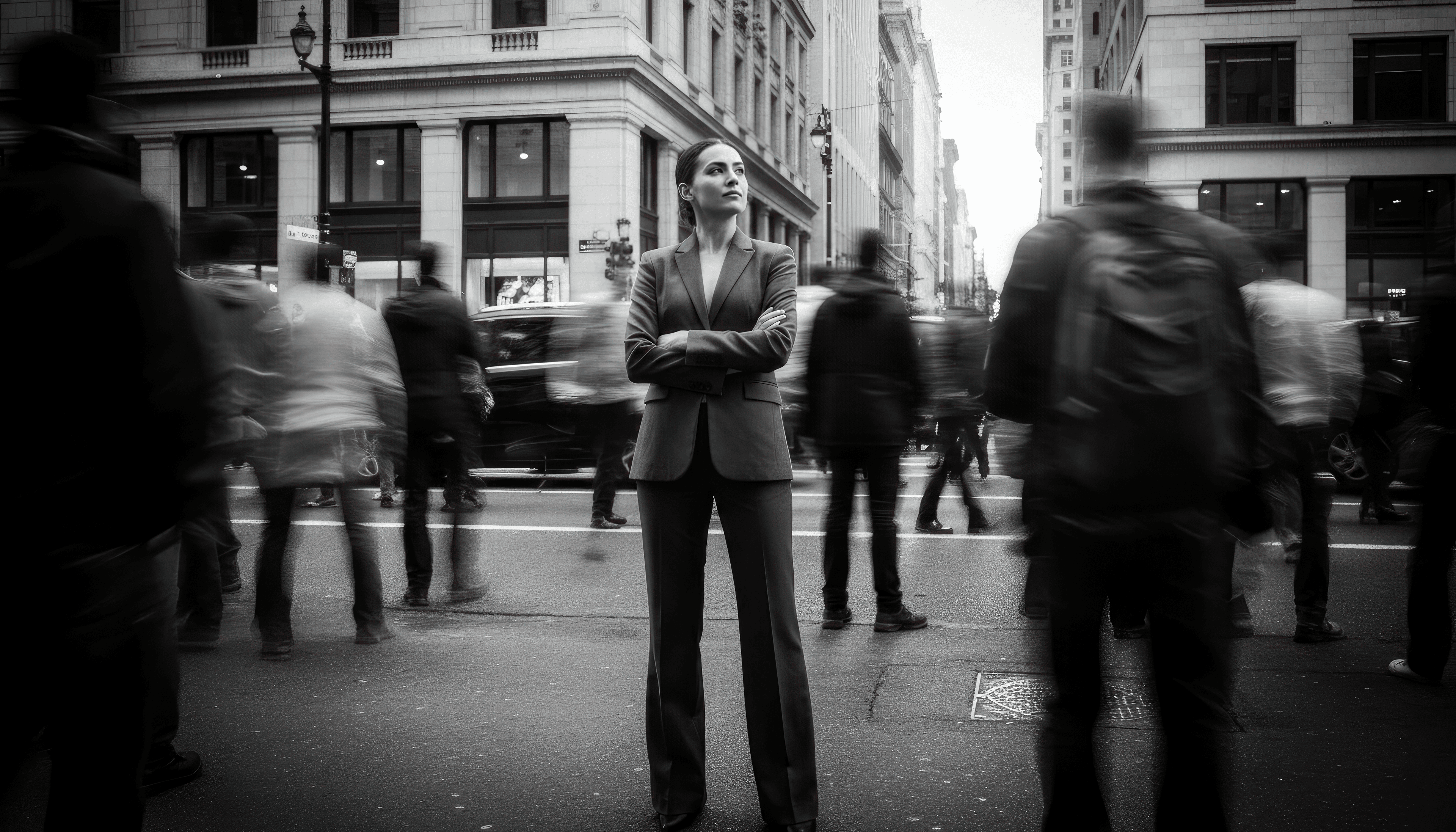Una mujer observa en paz cómo el mundo se acelera a su alrededor.