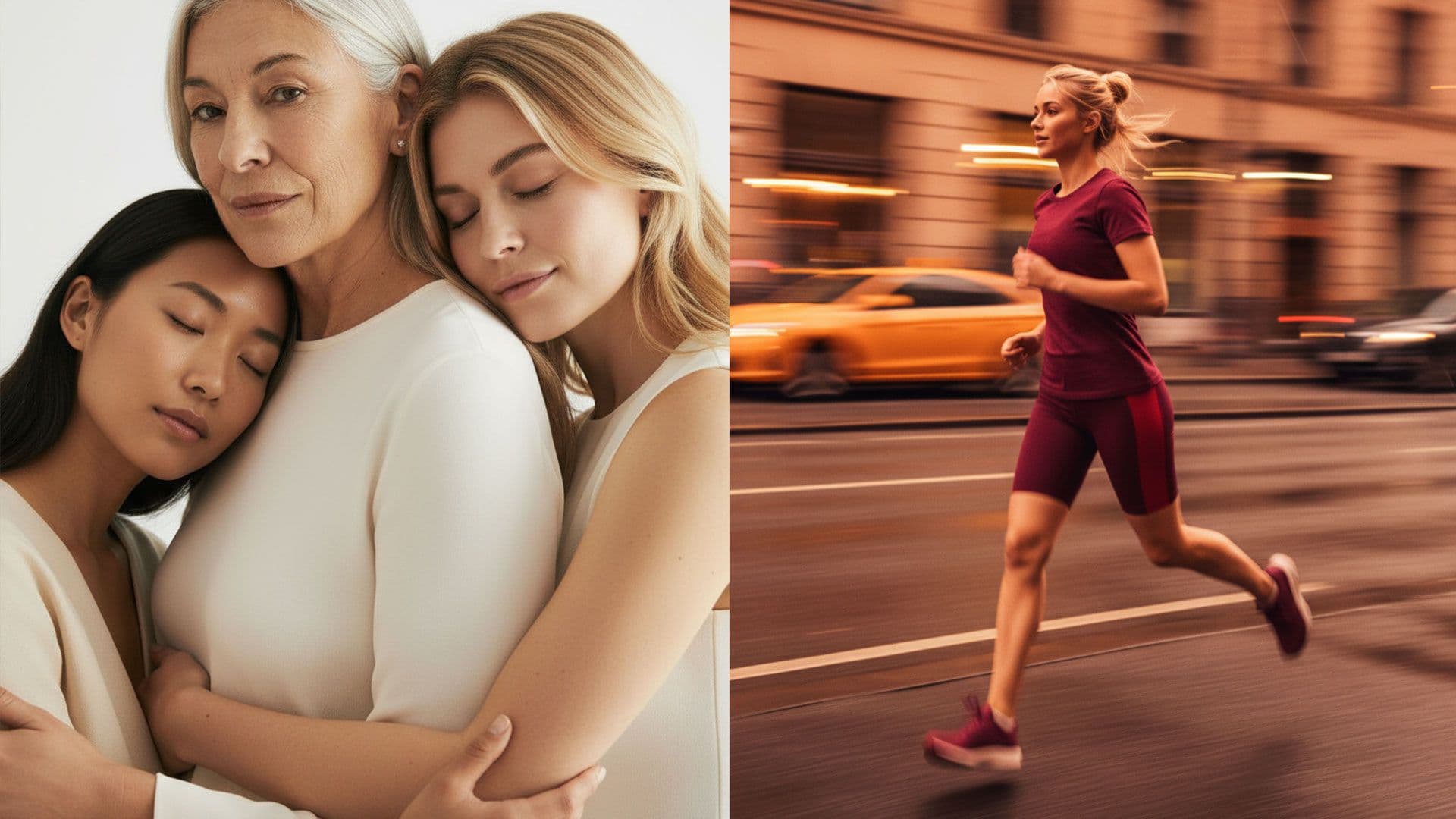 Mujer mayor junto a dos mujeres jóvenes y una mujer corriendo por la ciudad, representando longevidad activa, energía, comunidad y propósito de vida